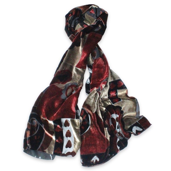Italian Silk Velvet Burnout Scarf Floral Paisley Heart Black Red Green - Picture 4 of 12